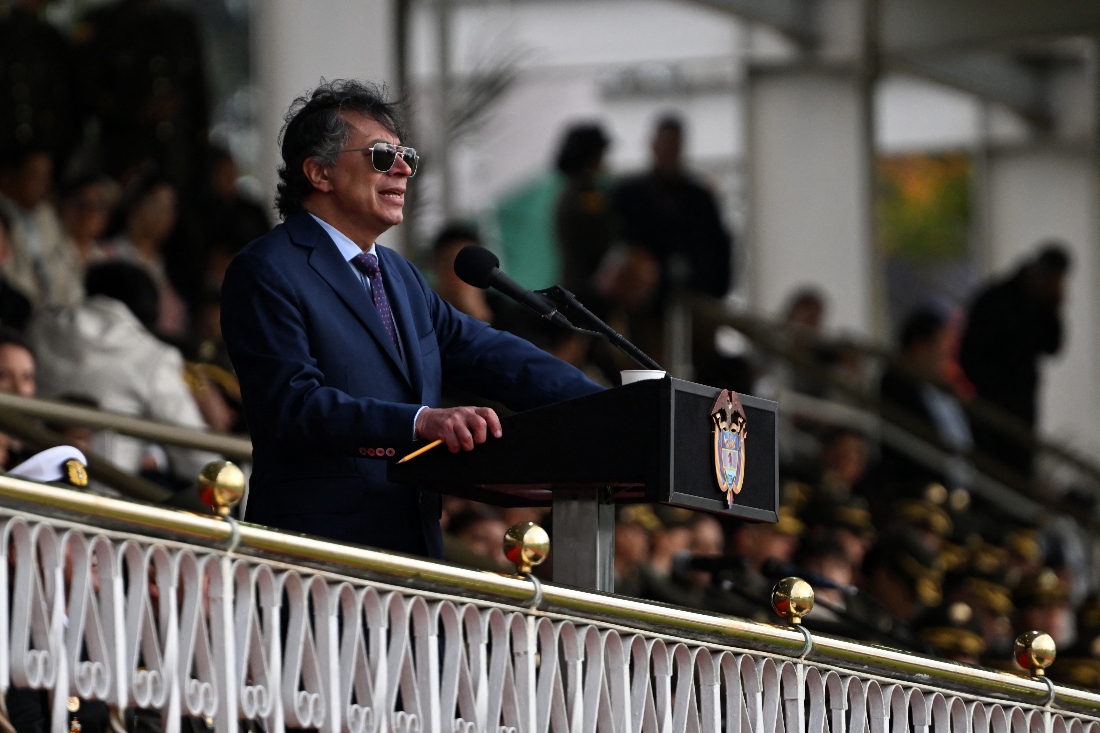 Colombia's President Gustavo Petro speaks during a promotion ceremony for senior officials at the General Santander Police Academy in Bogota, Colombia. (AFP)