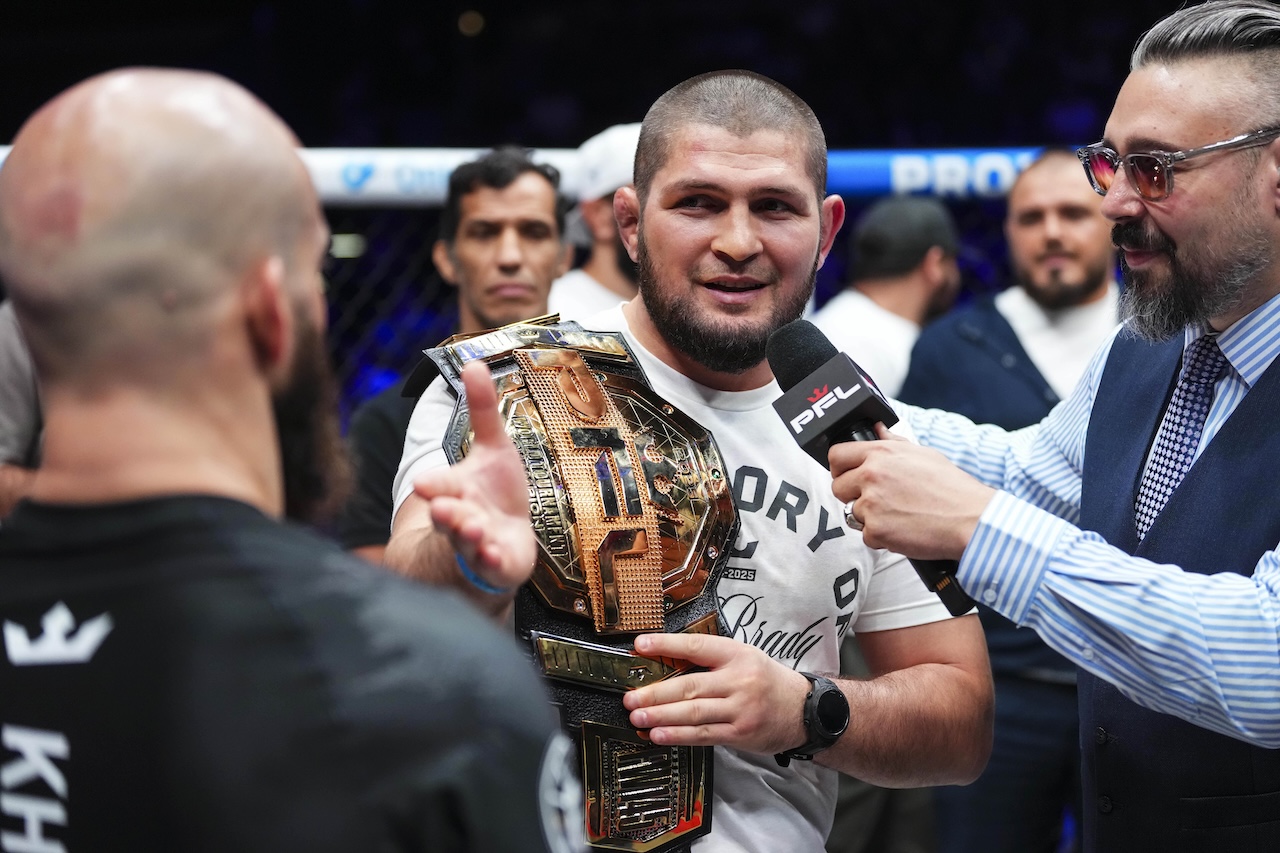 Movlid Khaybulaev (left) celebrates with Khabib Nurmagomedov after defeating Jesus Pinedo during the finals of the PFL 2025 World Tournament at Boardwalk Hall in Atlantic City, Florida. (Getty Images North America)