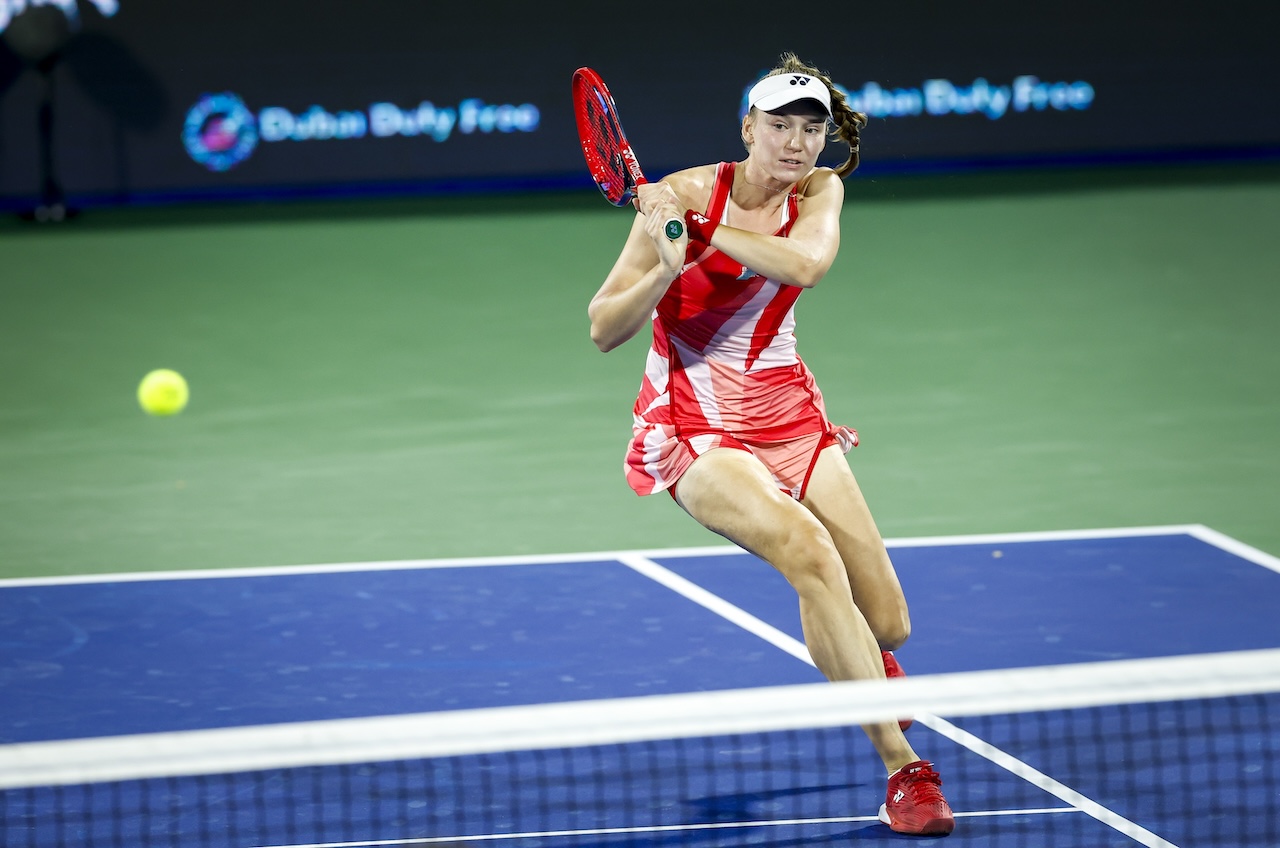 Recently crowned Australian Open champion Elena Rybakina in action against Sofia Kenin during the 2025 WTA Dubai Duty Free Tennis Championships. (Supplied)