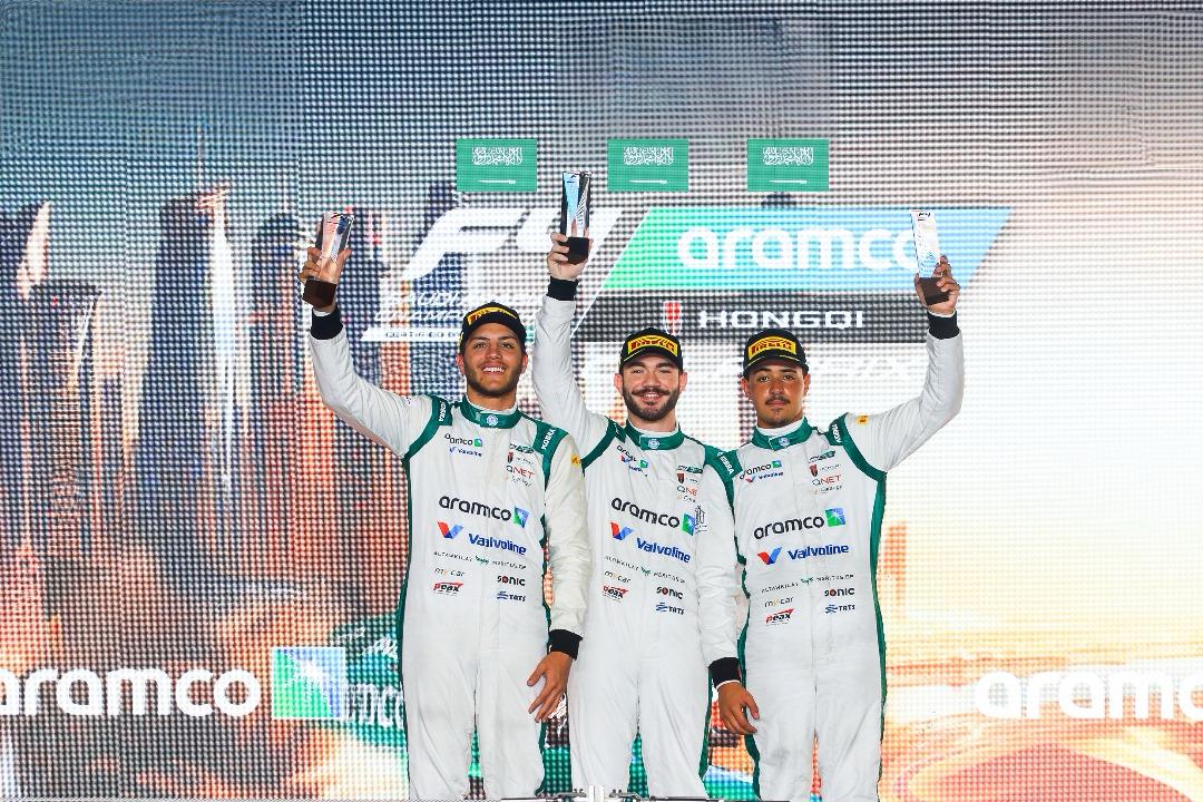Three home-grown winners at the inaugural Aramco Formula 4 Saudi Arabian Championship (left to right); Omar Aldereyaan (Riyadh), Faisal AlKabbani (Riyadh) and Faisal Abuzenadh. (Supplied)