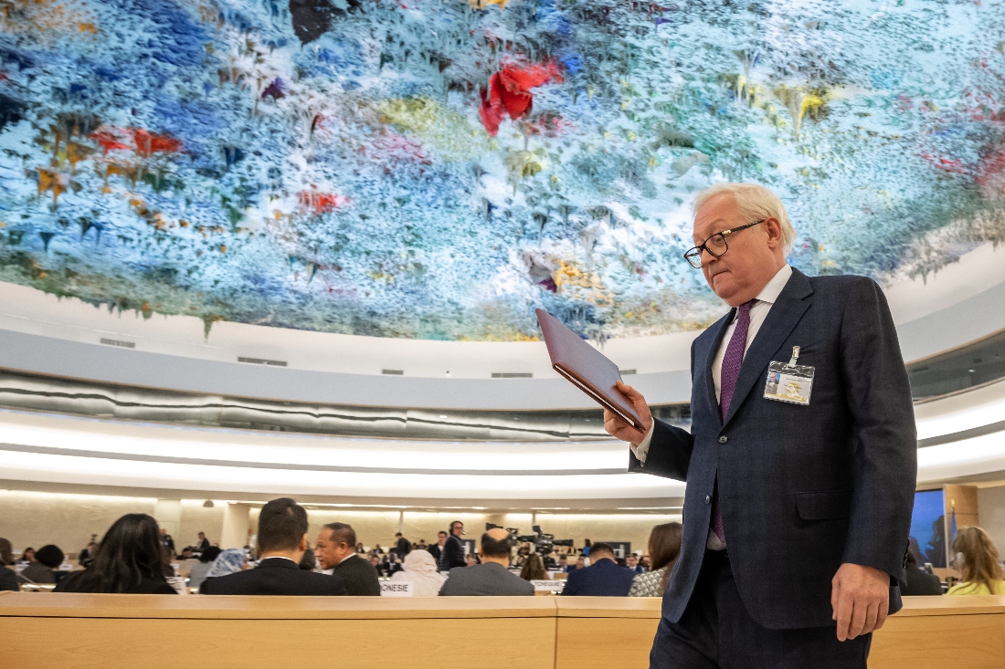 Russian Deputy Foreign Minister Sergei Ryabkov leaves after delivering a speech during the 52nd UN Human Rights Council session, in Geneva, Switzerland in March 2023. (AFP)