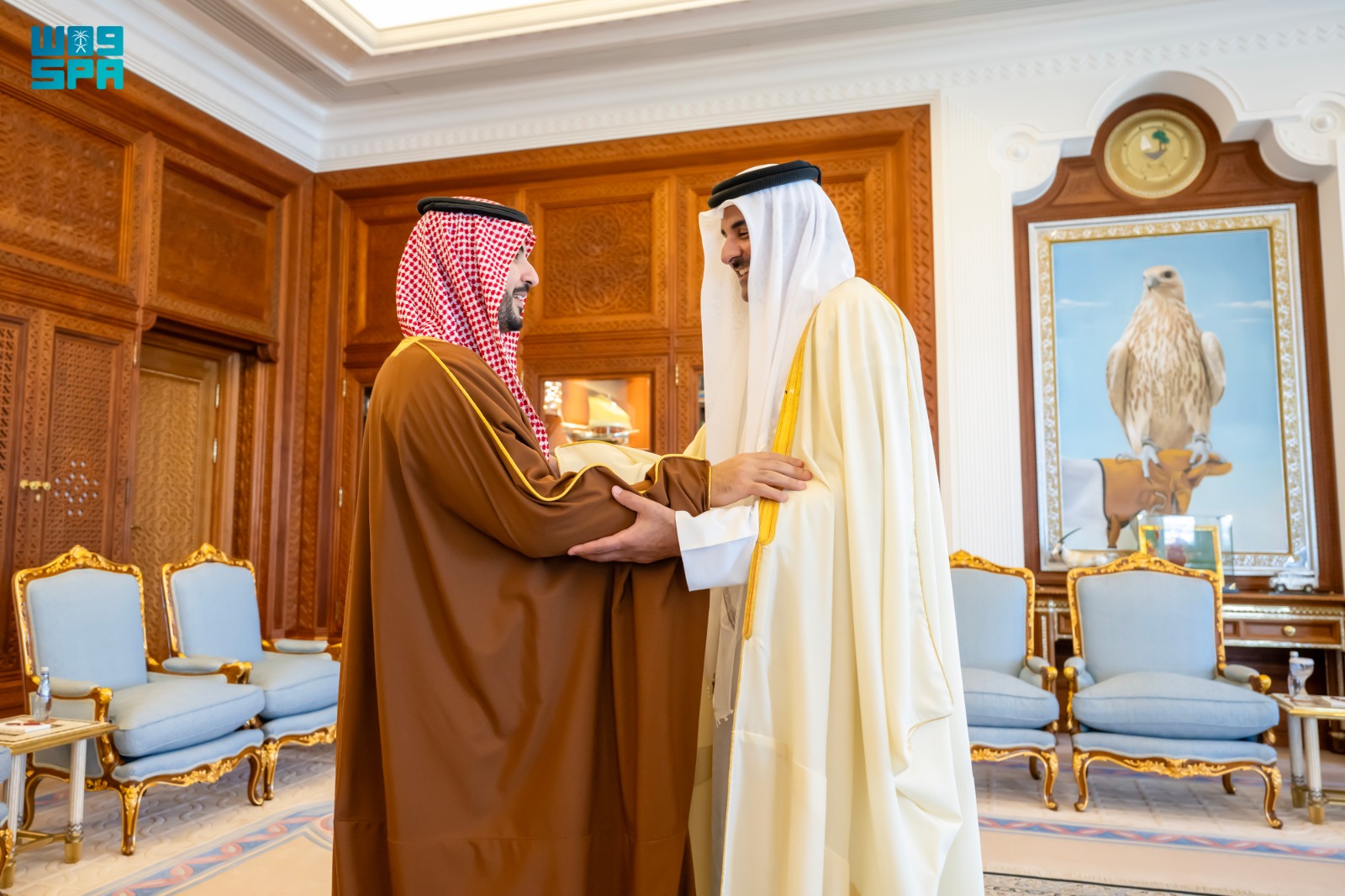 Saudi Minister of Defense Prince Khalid bin Salman meets with the Emir of Qatar Sheikh Tamim bin Hamad Al-Thani in Doha on Wednesday. (SPA)