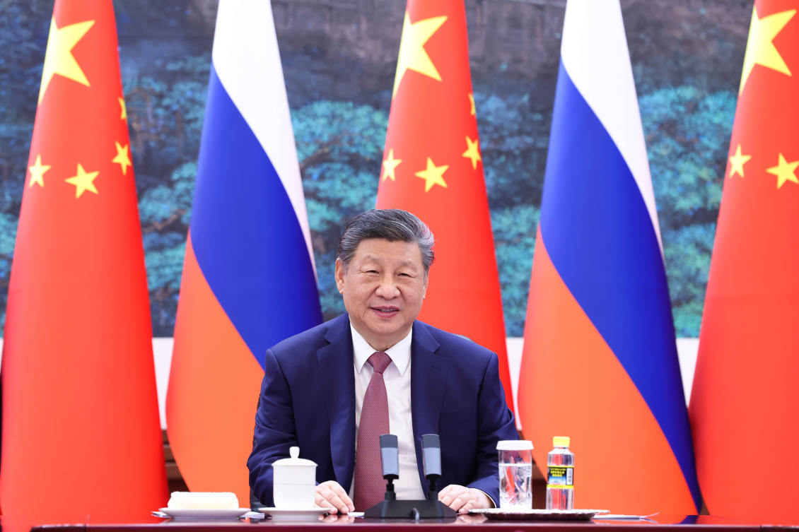 In this photo released by Xinhua News Agency, Chinese President Xi Jinping holds a virtual meeting with Russian President Vladimir Putin, unseen, at the Great Hall of the People in Beijing on Wednesday, Feb. 4, 2026. (AP)