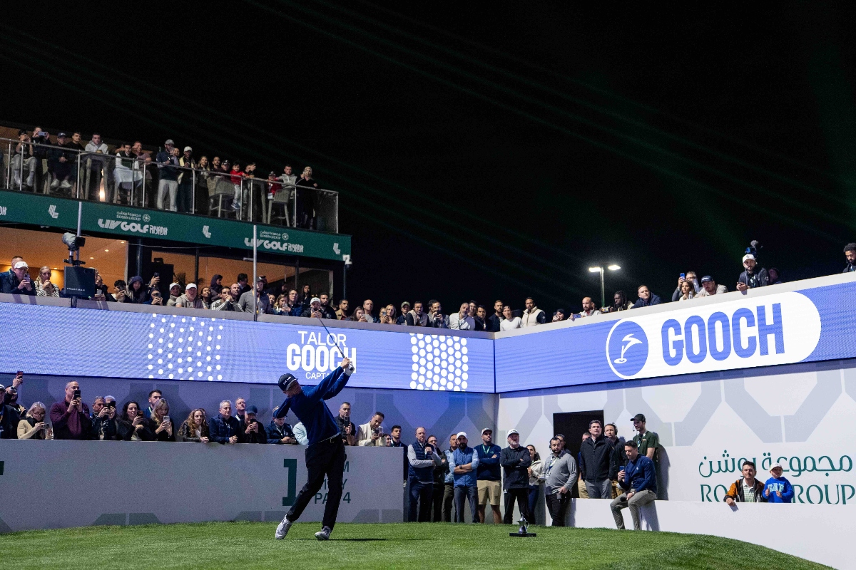 Captain Talor Gooch of Smash GC hits his shot from the first tee during the second round of the LIV Golf Riyadh at Riyadh Golf Club on Thursday. (Pedro Salado/LIV Golf)