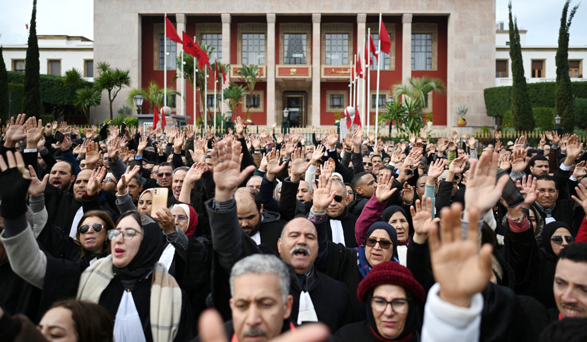 Lawyers take part in a protest in front of the Moroccan parliament in Rabat on February 6, 2026. (AFP)