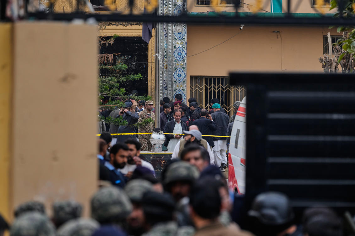 Security officials examine the site of a bomb explosion at a Shiite mosque Islamabad, Pakistan on Feb. 6, 2026. (AP)