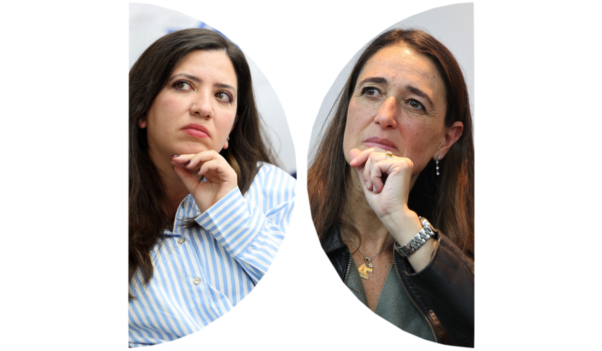 Rachel Touitou (L) and Nili Kupfer-Naouri during a press conference in Netanya on February 8, 2026. (AFP)