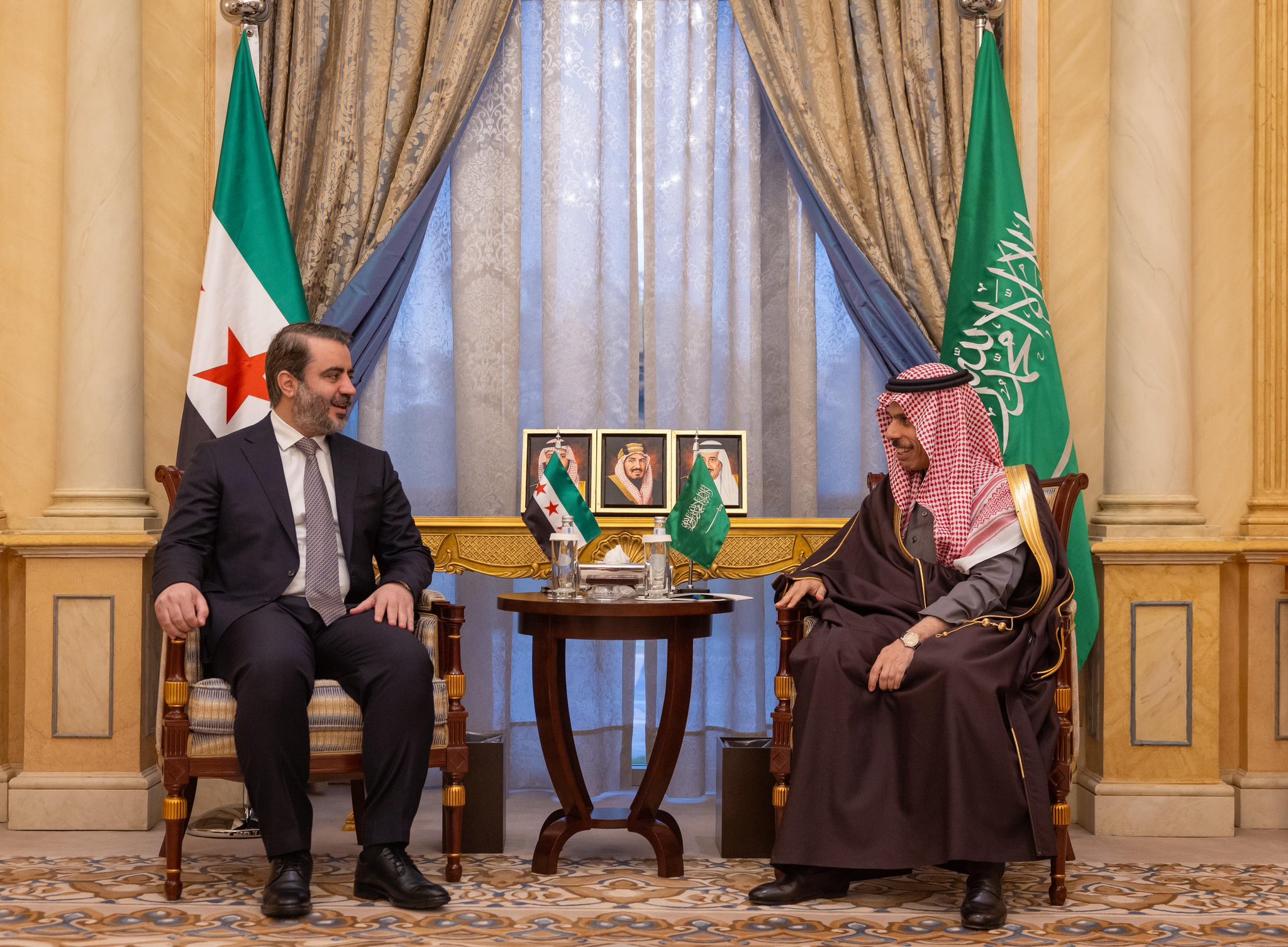 Saudi Foreign Minister Prince Faisal bin Farhan receives his Syrian counterpart Asaad Al-Shaibani in Riyadh on Monday. (SPA)