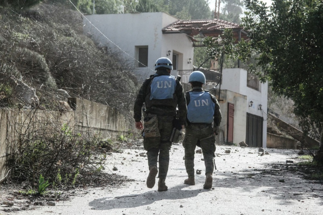 United Nations Spanish UNIFIL forces arrive to inspect chalets, after the Israeli army reportedly booby-trapped and blew them up at dawn, on the outskirts of the town of al-Khiam, southern Lebanon. (AFP)