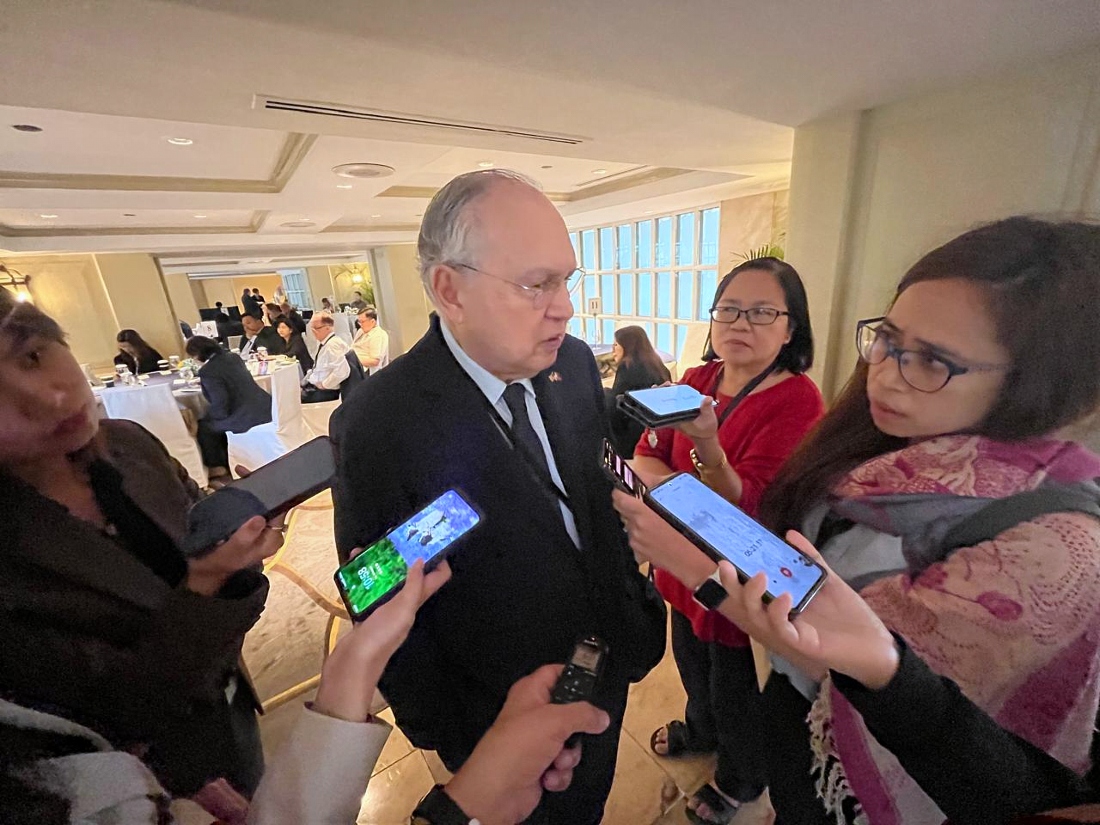 Philippine Ambassador to Washington Jose Manuel Romualdez answers questions from reporters in Manila, Philippines. (AP)