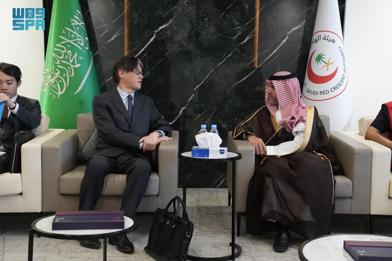 President of the Saudi Red Crescent Authority Dr. Jalal Al-Owaisi receives Japan's Minister Plenipotentiary and Deputy Chief of Mission Masahiro Tada in Riyadh. (SPA)
