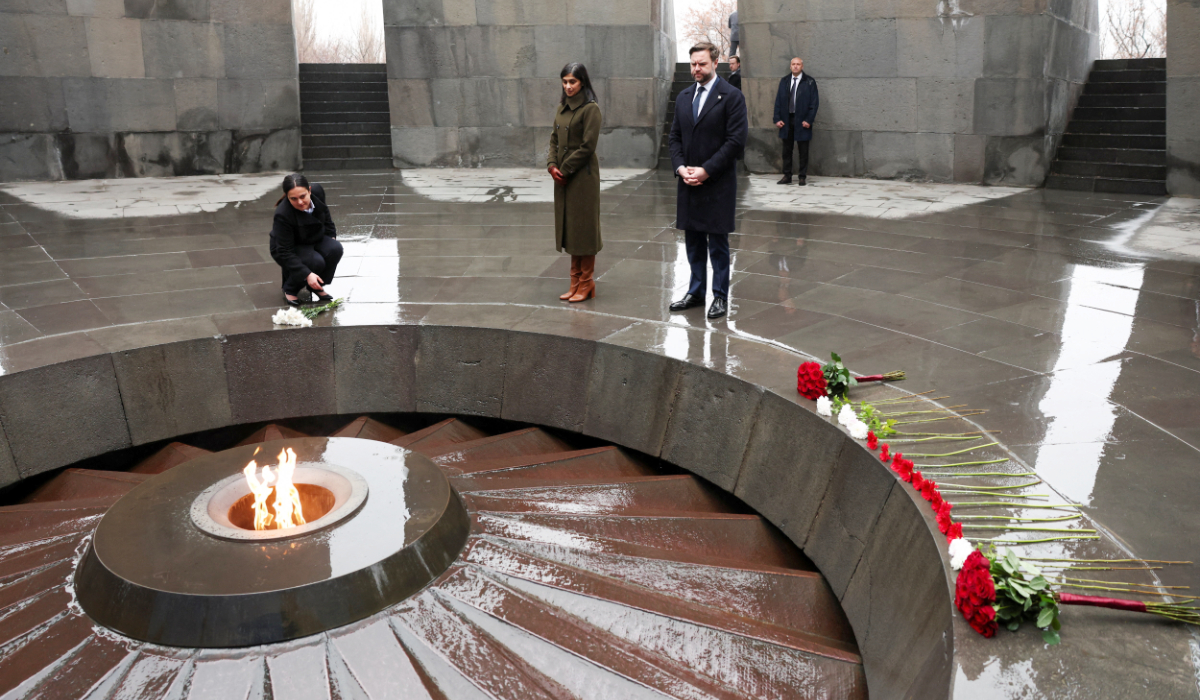 Armenian honour guard prepares for the arrival of US Vice President JD Vance for a visit to the Tsitsernakaberd Armenian Genocide Memorial, in Yerevan, Armenia, on February 10, 2026. (AFP)
