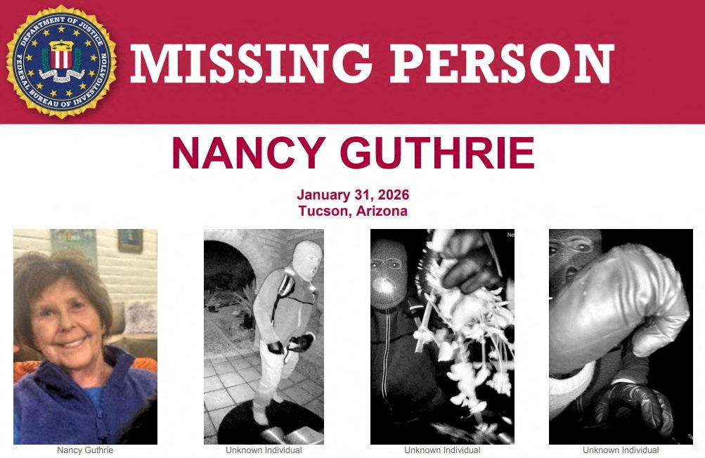 A poster features Nancy Guthrie and an armed individual appearing to have tampered with the camera at her front door the morning of her disappearance at her home in Tucson, Arizona. (@FBIMostWanted via Reuters)
