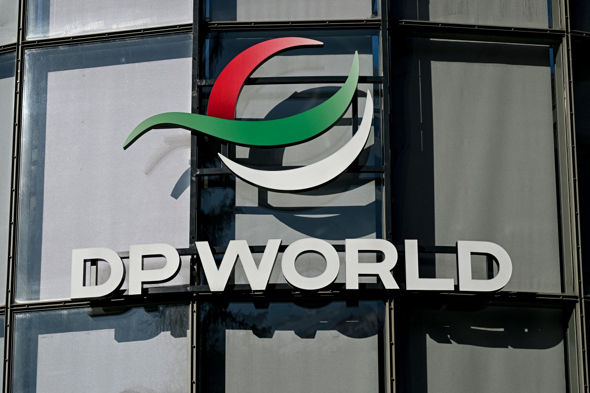 This photograph taken on January 20, 2026 shows the logo of the multinational logistics company based in Dubai DP World in the Alpine resort of Davos during the World Economic Forum (WEF) annual meeting. (AFP)