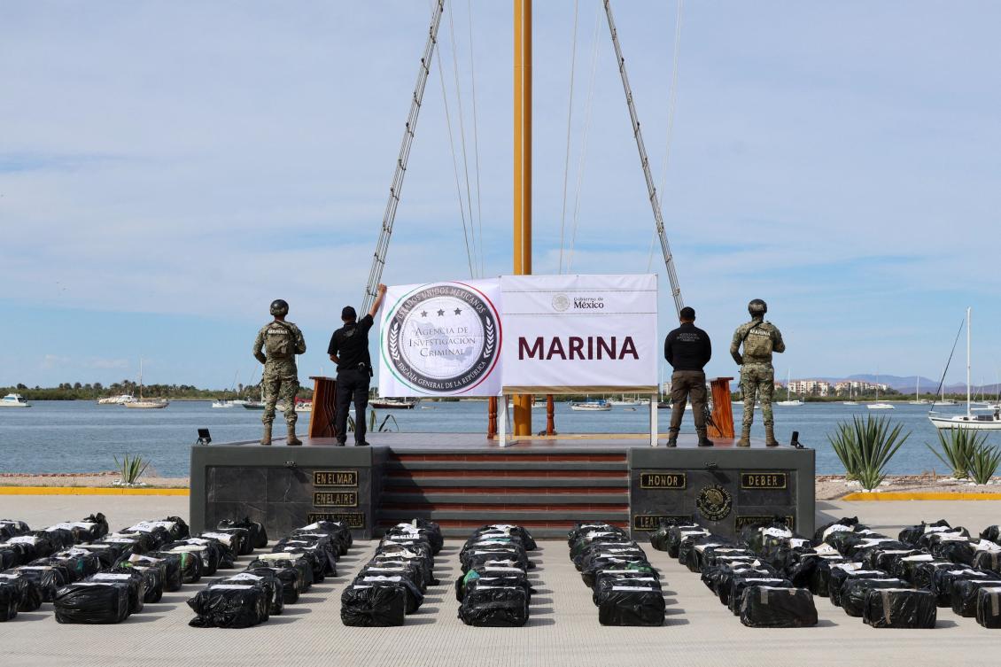 Marine armed forces display seized packages of cocaine in Manzanillo, Mexico on Feb. 11, 2026 after a ‘coordinated operation’ between the Mexican Navy and the United States Coast Guard in the Pacific Ocean. (Mexican Navy/AFP)