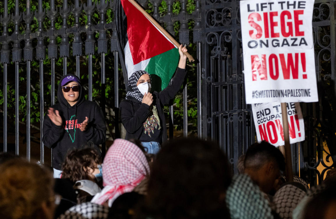 Leqaa Kordia, center, demonstrates with pro-Palestianian protesters at Columbia University in New York, on April 30, 2024. (AP Photo/File)