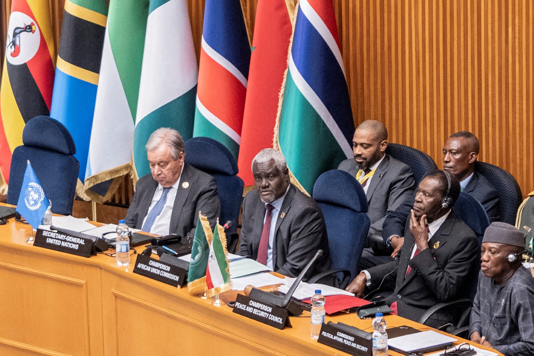 Secretary General of the United Nations Antonio Guterres, African Union Commission Chairperson Moussa Faki, Equatorial Guinea's President Teodoro Obiang Nguema Mbasogo and African Union (AU) Commissioner for Political Affairs, Peace and Security Bankole Adeoye attend the African Union (AU) Peace and Security Council meeting, on the Situation in Sudan and DR Congo, at the AU Headquarters in Addis Ababa, Ethiopia. (AFP)