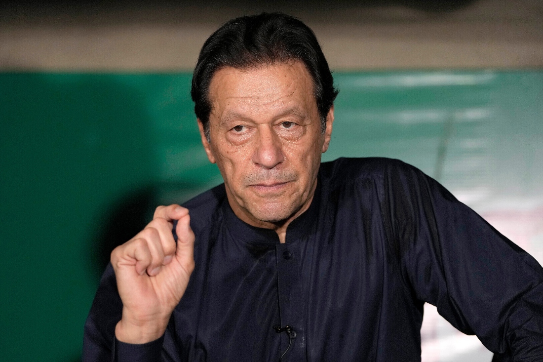 Pakistan's former Prime Minister Imran Khan gives a press conference at his home, in Lahore, Pakistan. (AP)