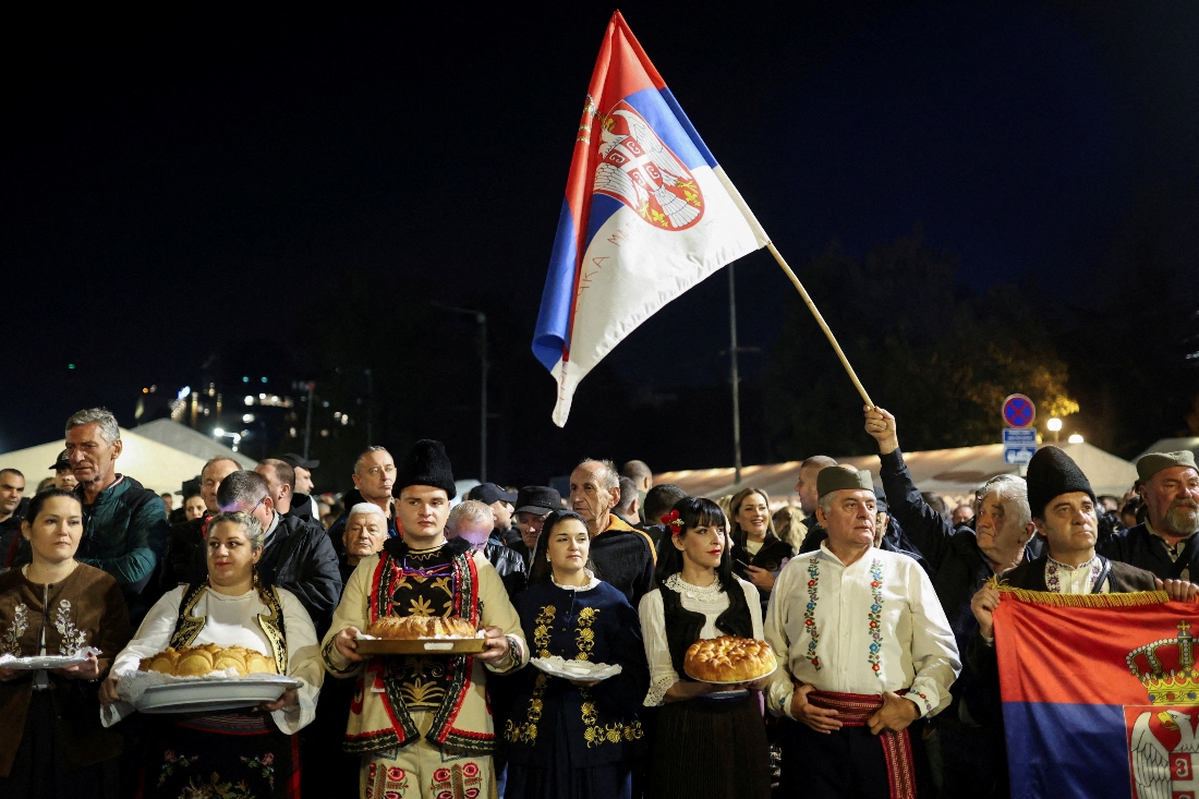 Supporters of Serbian President Aleksandar Vucic take part in a demonstration in Belgrade, Serbia. (Reuters)