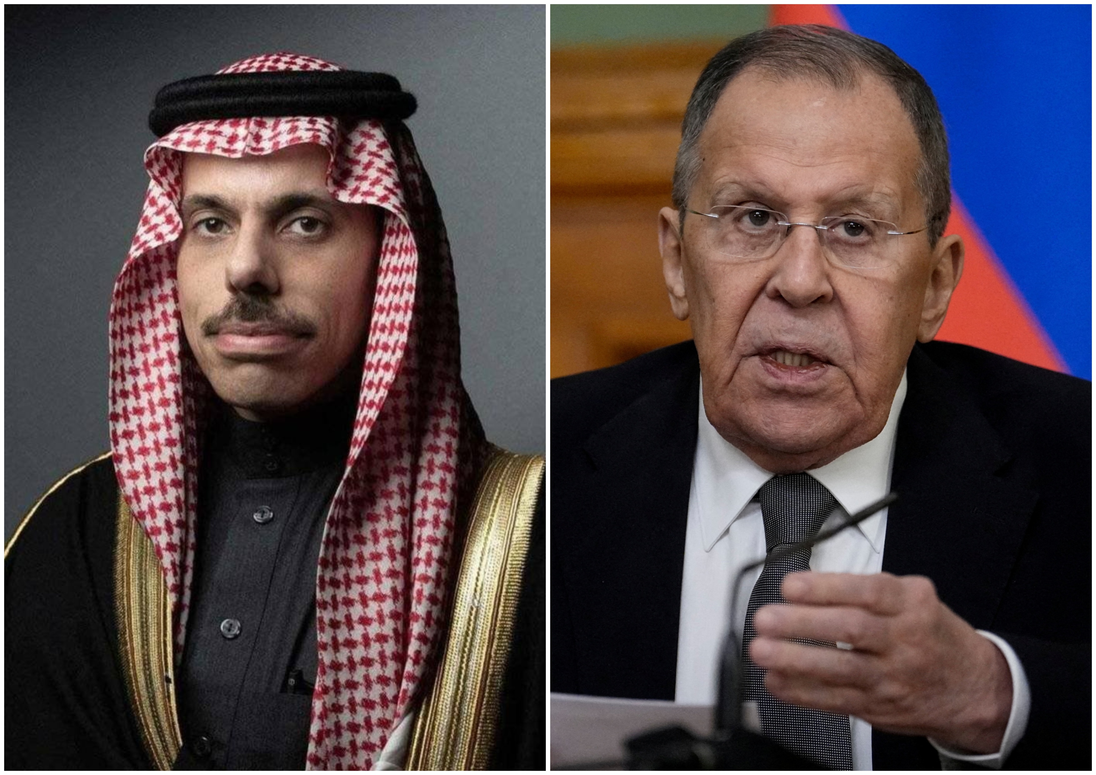 Saudi Arabia’s Foreign Minister Prince Faisal bin Farhan and his Russian counterpart Sergey Lavrov. (SPA and Reuters)