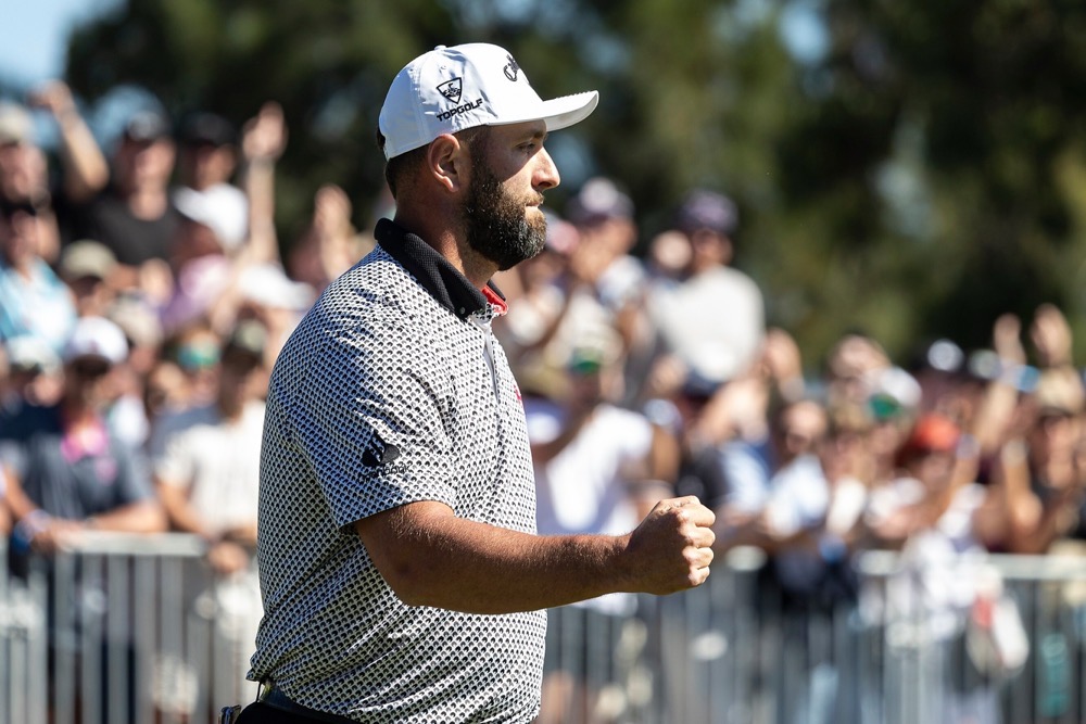 Captain Jon Rahm of Legion XIII celebrates during the second round of the LIV Golf tournament at Grange Golf Club, Friday, Feb. 13, 2026 in Adelaide, Australia. (LIV Golf/AP)