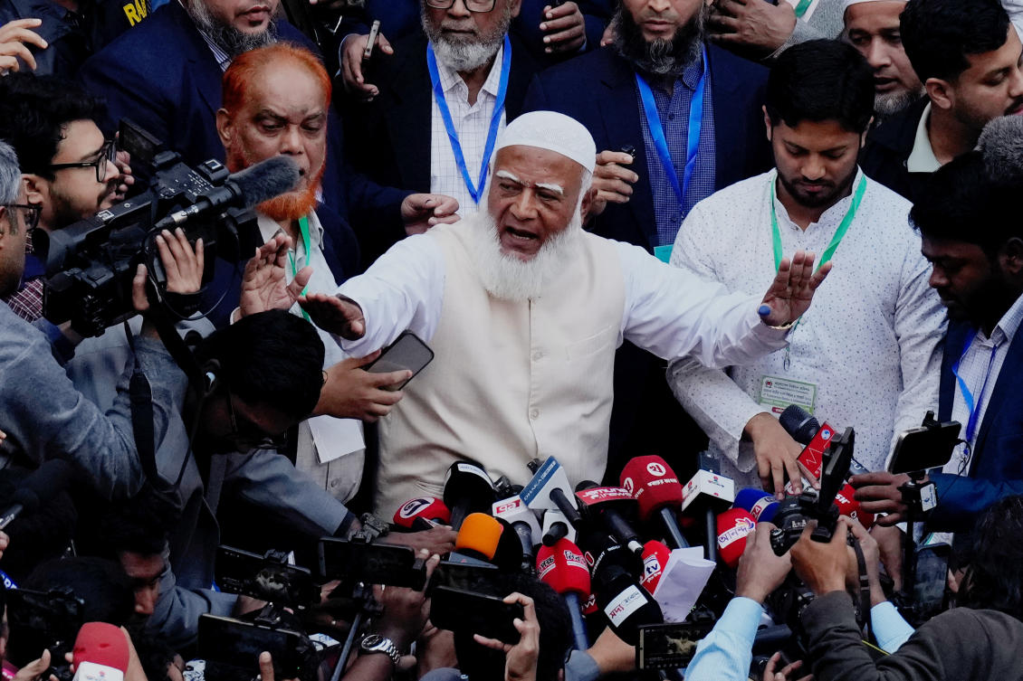 Jamaat-e-Islami leader Shafiqur Rahman, center, meets the press after casting his vote the national parliamentary election in Dhaka, Bangladesh on Feb. 12, 2026. (AP)