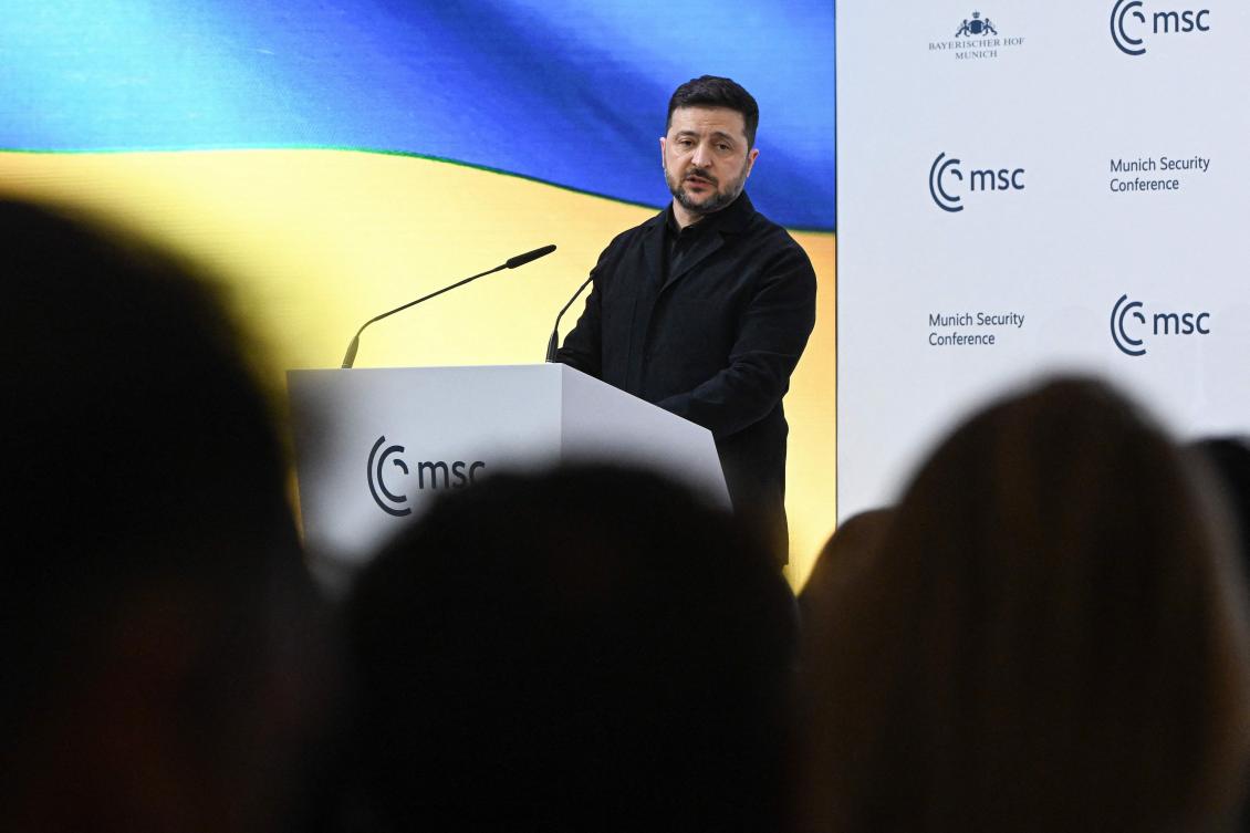 Ukrainian President Volodymyr Zelensky speaks during the 62nd Munich Security Conference on Feb. 14, 2026. (AFP)