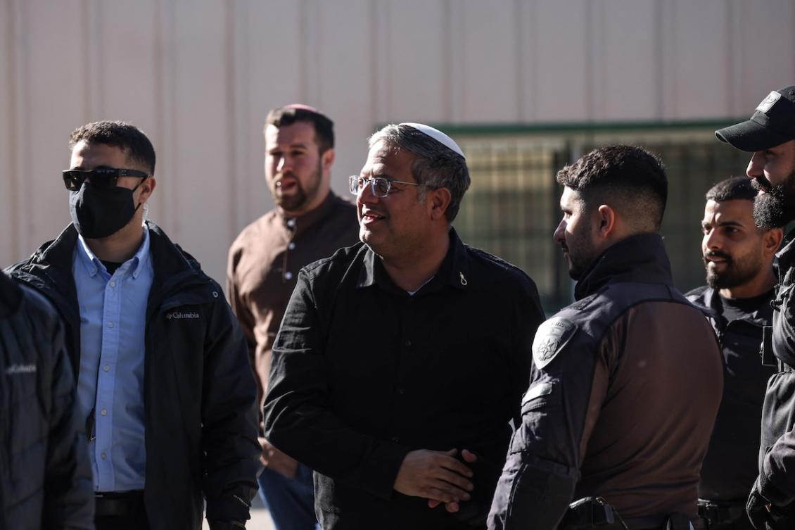 Far-right National Security Minister Itamar Ben Gvir greets security forces as demolition work takes place inside the headquarters of the United Nations Relief and Works Agency (UNRWA) in the Sheikh Jarrah neighbourhood of Israeli-annexed east Jerusalem on January 20, 2026. (FILE/AFP)