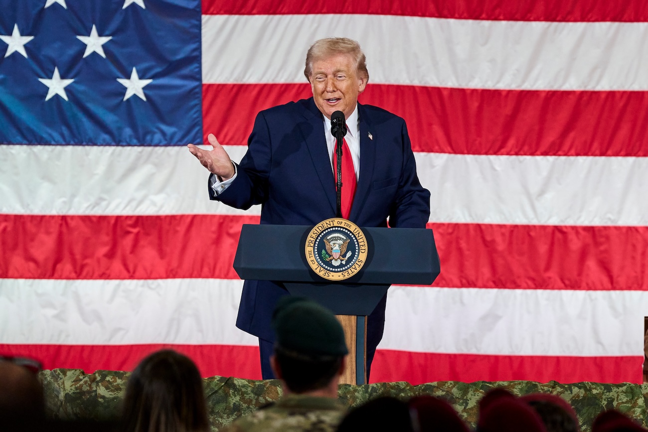 President Donald Trump gives remarks to the troops in Fort Bragg, N.C., Friday, Feb. 13, 2026. (AP)