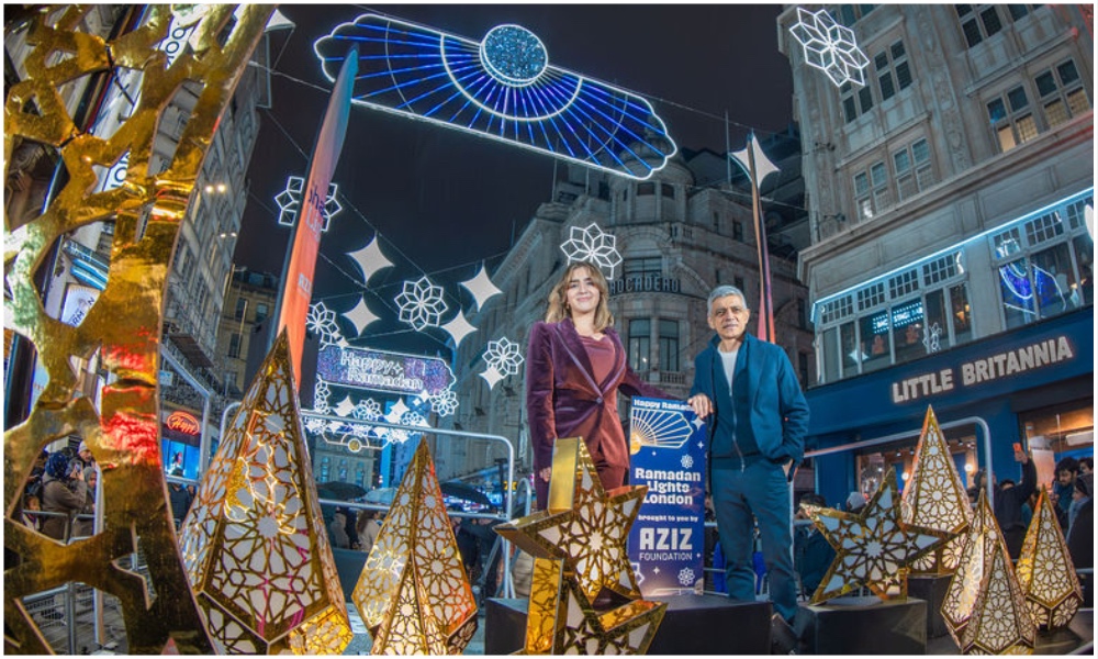Sadiq Khan, the mayor of London, and Rahima Aziz BEM, a trustee of the charitable Aziz Foundation, illuminated Ramadan Lights in London for a fourth year. (Credit: Aziz Foundation)