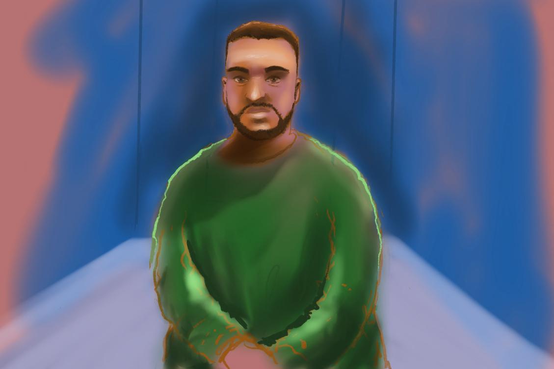 A sketch by artist Rocco Fazzari shows accused Bondi shooter Naveed Akram appearing via video link at Downing Centre Local Court in Sydney on February 16, 2026. (Photo by Rocco Fazzari / AFP)