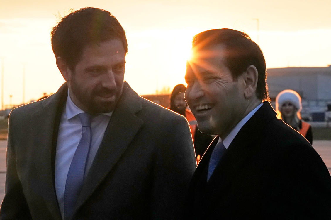 U.S. Secretary of State Marco Rubio speaks with Hungary's Deputy Foreign Minister Levente Magyar after landing at Budapest Airport in Budapest, Hungary, Sunday, Feb. 15, 2026. (Reuters)
