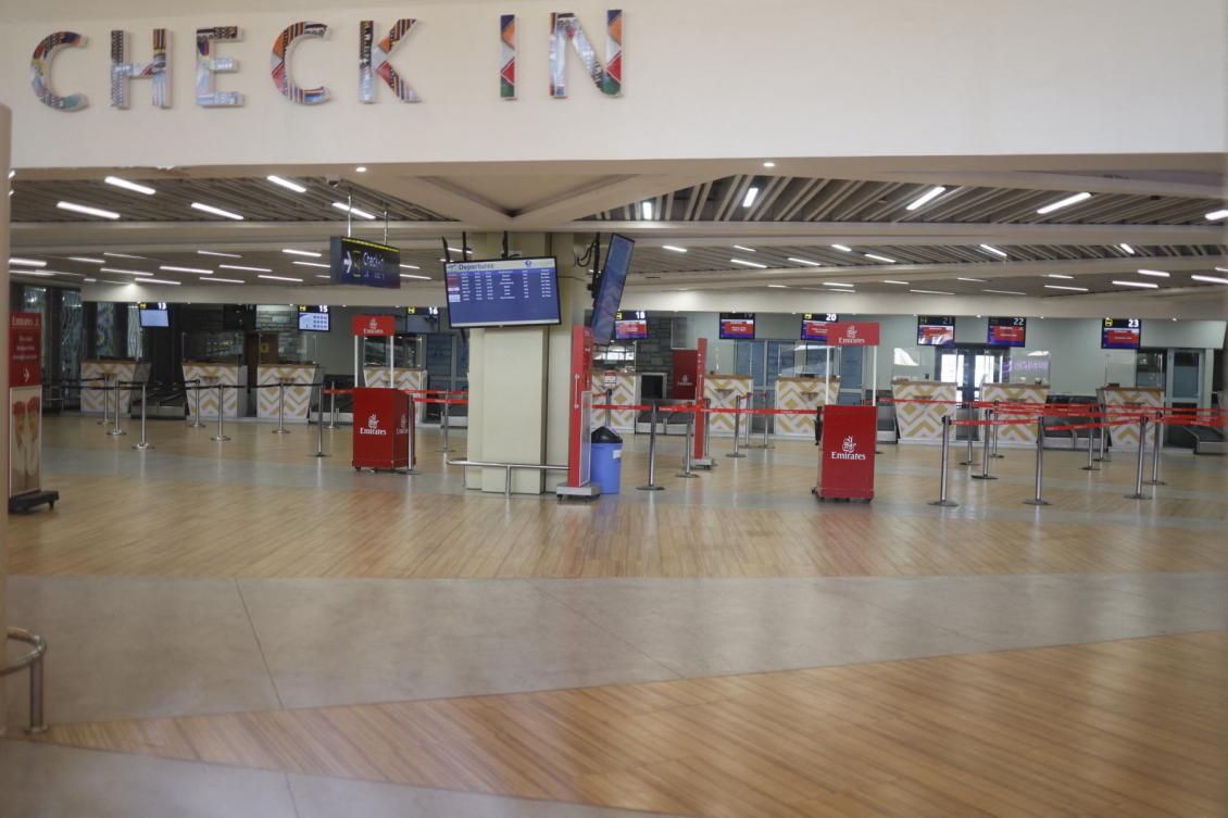 Empty check-in counters seen inside the departures of the Jomo Kenyatta International Airport (JKIA) in Nairobi on September 11, 2024 amid a strike by the Kenyan Aviation Workers Union.