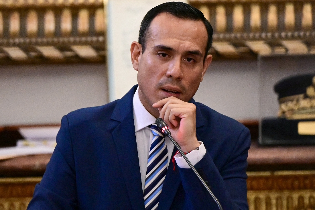 Peru's interim President Jose Jeri attends a congressional committee to testify about alleged irregularities in meetings with Chinese businessmen at the National Congress in Lima. (AFP)