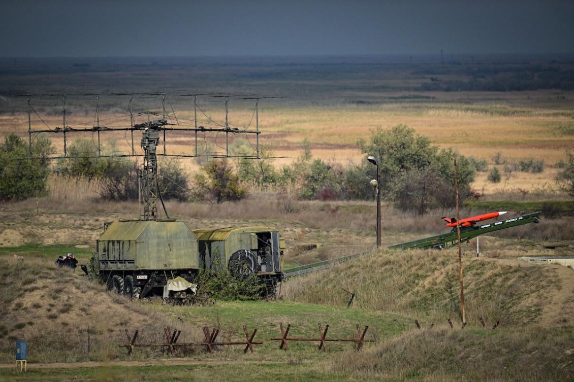 A drone is launched towards the Black Sea to be intercepted and destroyed by a Patriot rocket launcher system during an army drill at the Capu Midia military shooting range next to the Black Sea November 15, 2023. (FILE/AFP)