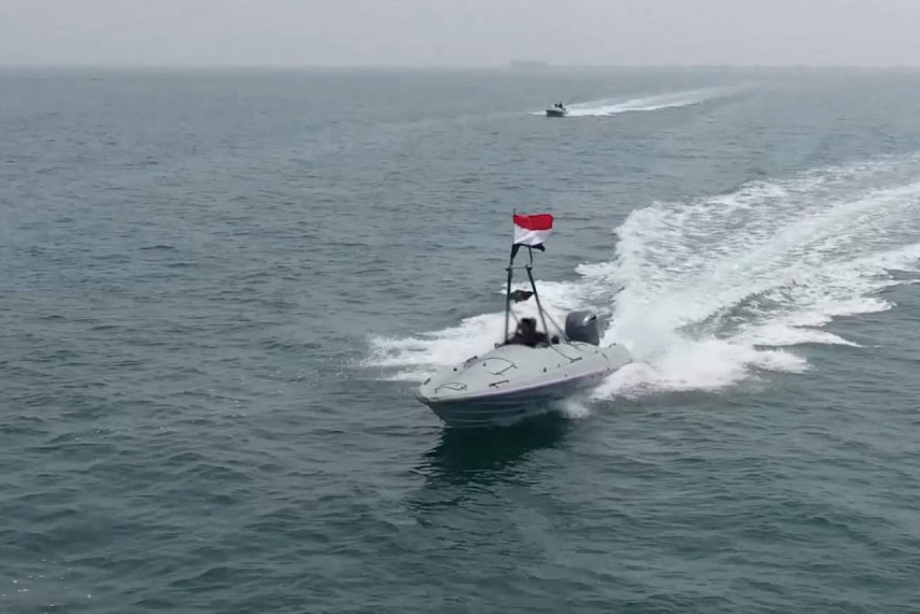A handout picture obtained from Yemen's Huthi Ansarullah Media Center on June 30, 2024, shows what they said is the 'Tufan Destroyer' unmanned boat during exercises in an undisclosed area at sea. (File/AFP)