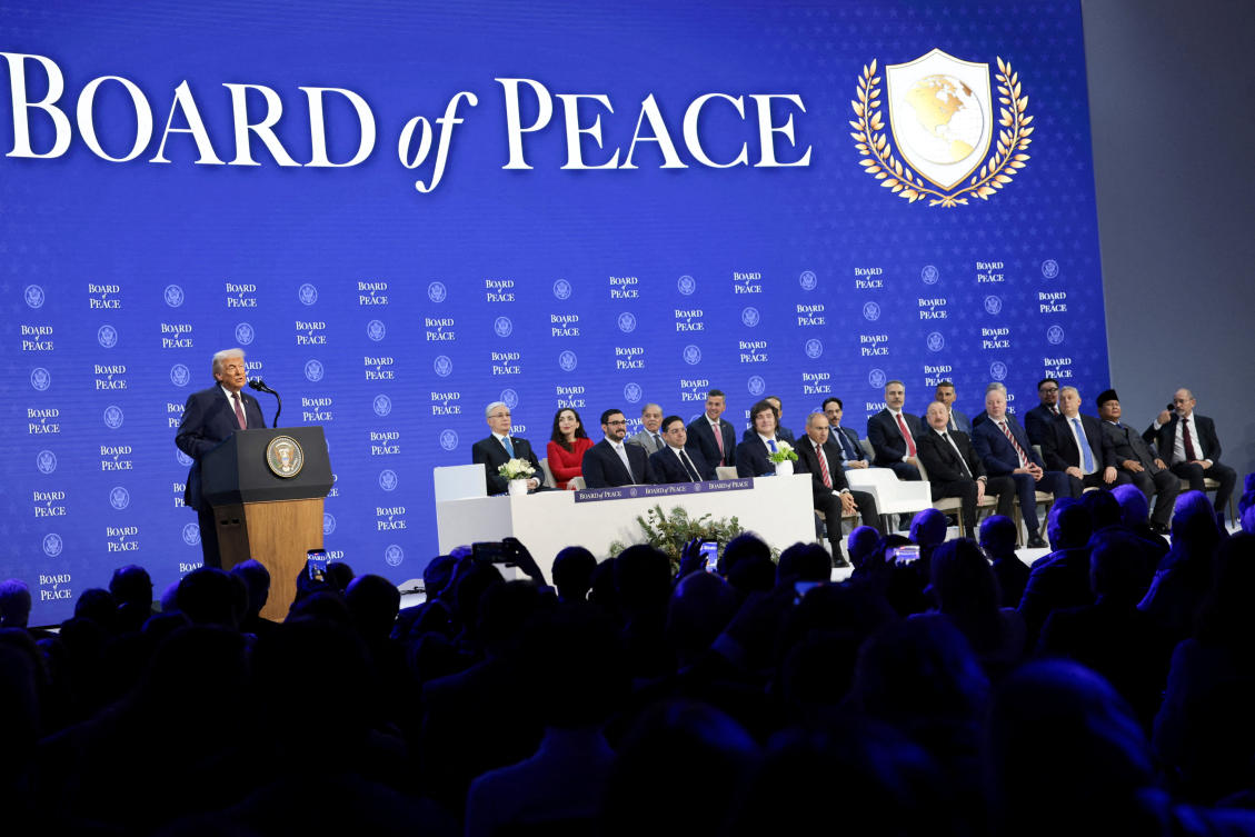 US President Donald Trump speaks during a charter announcement for his Board of Peace initiative aimed at resolving global conflicts, alongside the 56th annual World Economic Forum, in Davos, Switzerland, Jan. 22, 2026. (Reuters)