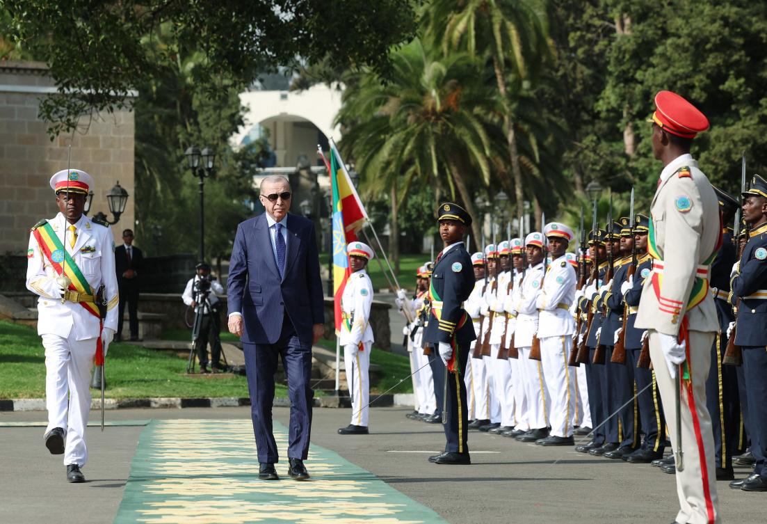 Turkiye’s President Recep Tayyip Erdogan reviews a guard of honor during a state visit to Ethiopia, Addis Ababa, Feb. 17, 2026. (AFP)