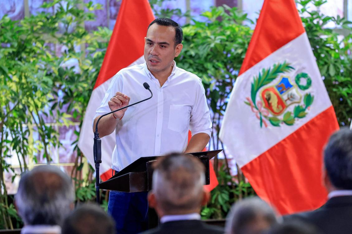 Peru’s interim president Jose Jeri addressing members of the Armed Forces in Lima, Feb. 16, 2026. (AFP)