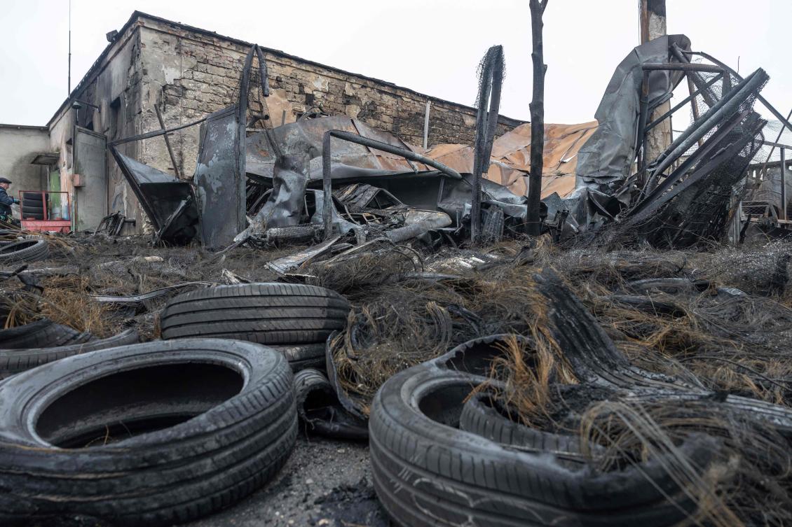 Above, a destroyed petrol station building at the site of a Russian attack in Odesa on Feb. 17, 2026. (AFP)