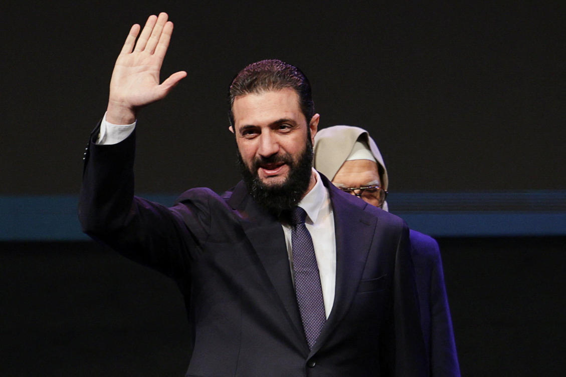 Syrian President Ahmad Al-Sharaa attends the Ministry of Awqaf conference titled "Unity of Islamic Discourse" at the Conference Palace in Damascus on Monday. (Reuters)