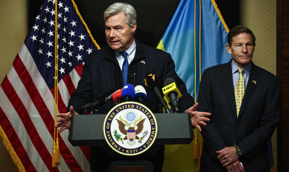 US Senators Sheldon Whitehouse (L) and Richard Blumenthal speak at a press conference following a meeting with Ukraine’s President Volodymyr Zelensky in Kyiv on February 16, 2026, amid the Russian invasion of Ukraine. (AFP)