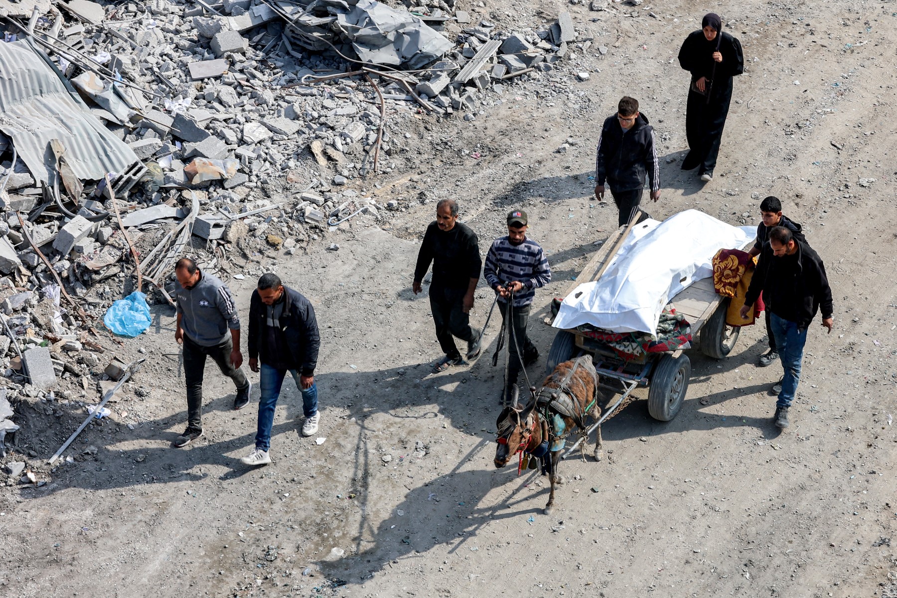 The body of a dead person is transported on a donkey-drawn cart in the northern Gaza Strip on Jan. 20, 2025. (AFP)