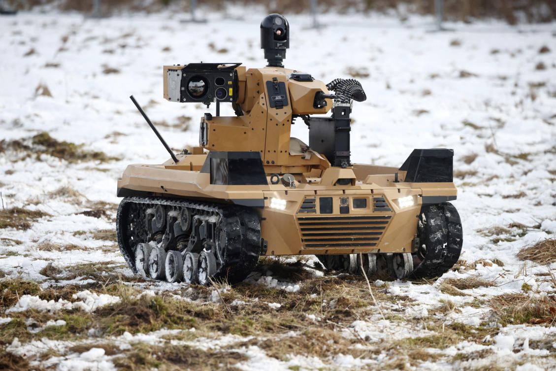 Unmanned ground vehicle “ASLAN” stands during the NATO exercise STEADFAST DART 26 in Bergen, Germany, Feb. 19, 2026. (Reuters)