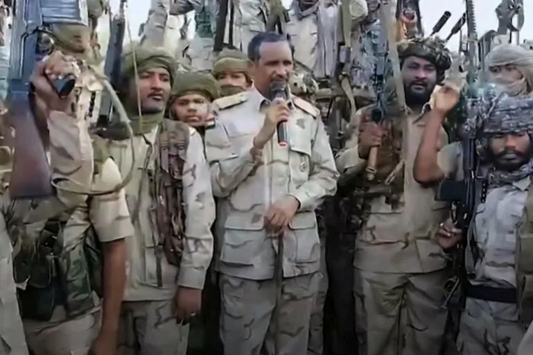 Commander Muhammad Hamdan Dagalo addresses Rapid Support Forces’ (RSF) fighters at an undisclosed location in July 2023. (Screengrab/AFP)