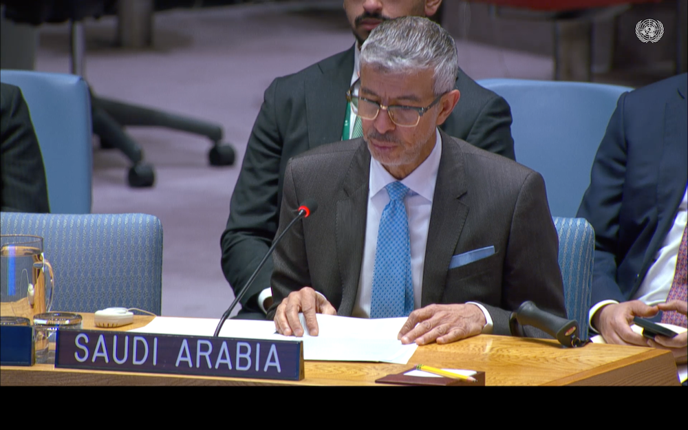 Saudi ambassador to the UN, Abdulaziz Alwasil, told the Security Council that RSF drone attacks on civilians were 'heinous acts'. (Screenshot/UNTV)