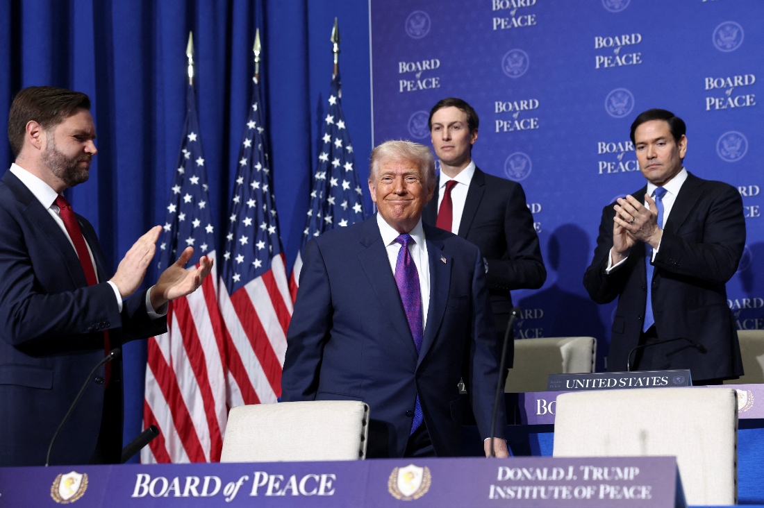 U.S. Vice President JD Vance, U.S. Secretary of State Marco Rubio and Donald Trump's son-in-law Jared Kushner applaud as U.S President Donald Trump reacts at the inaugural Board of Peace meeting at the U.S. Institute of Peace in Washington, D.C. (Reuters)