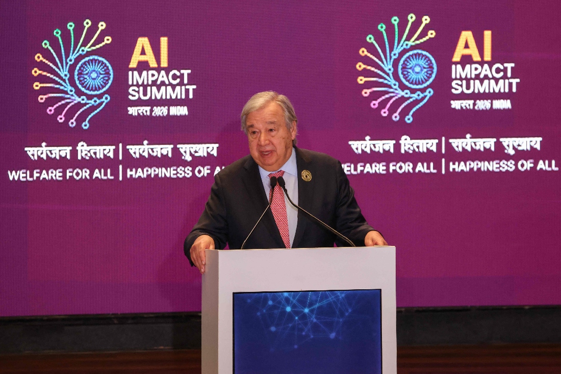 UN Secretary-General Antonio Guterres delivers a speech during the AI Impact Summit in New Delhi, India. (AFP)