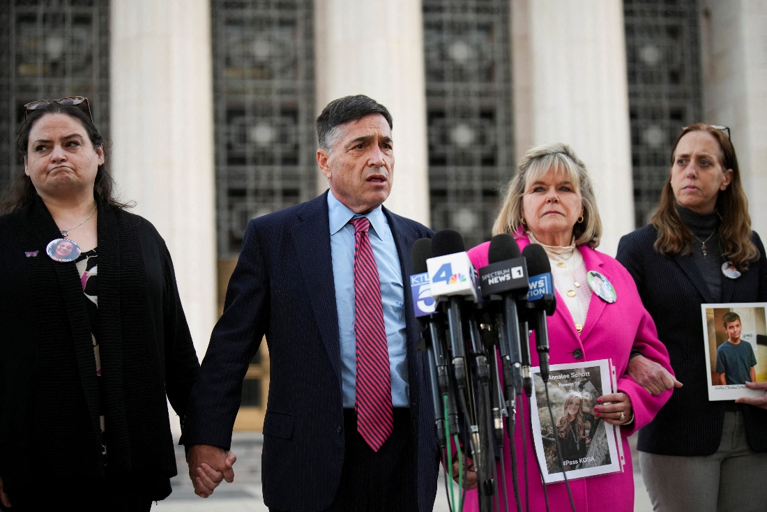 Plaintiff's attorney Matthew Bergman speaks to media accompanied by parents who say they lost their children because of social media on the day of a trial in a key test case accusing Meta and Google's YouTube of harming kids' mental health in California, US. (Reuters)