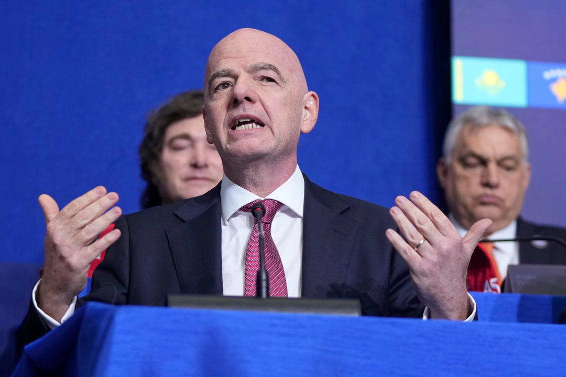 FIFA President Gianni Infantino speaks during a Board of Peace meeting at the US Institute of Peace, Feb. 19, 2026, in Washington. (AP)